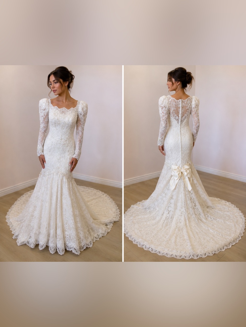 “C6” Vintage Lace Long Sleeve Mermaid Wedding Dress with Bow Back Vintage 1980